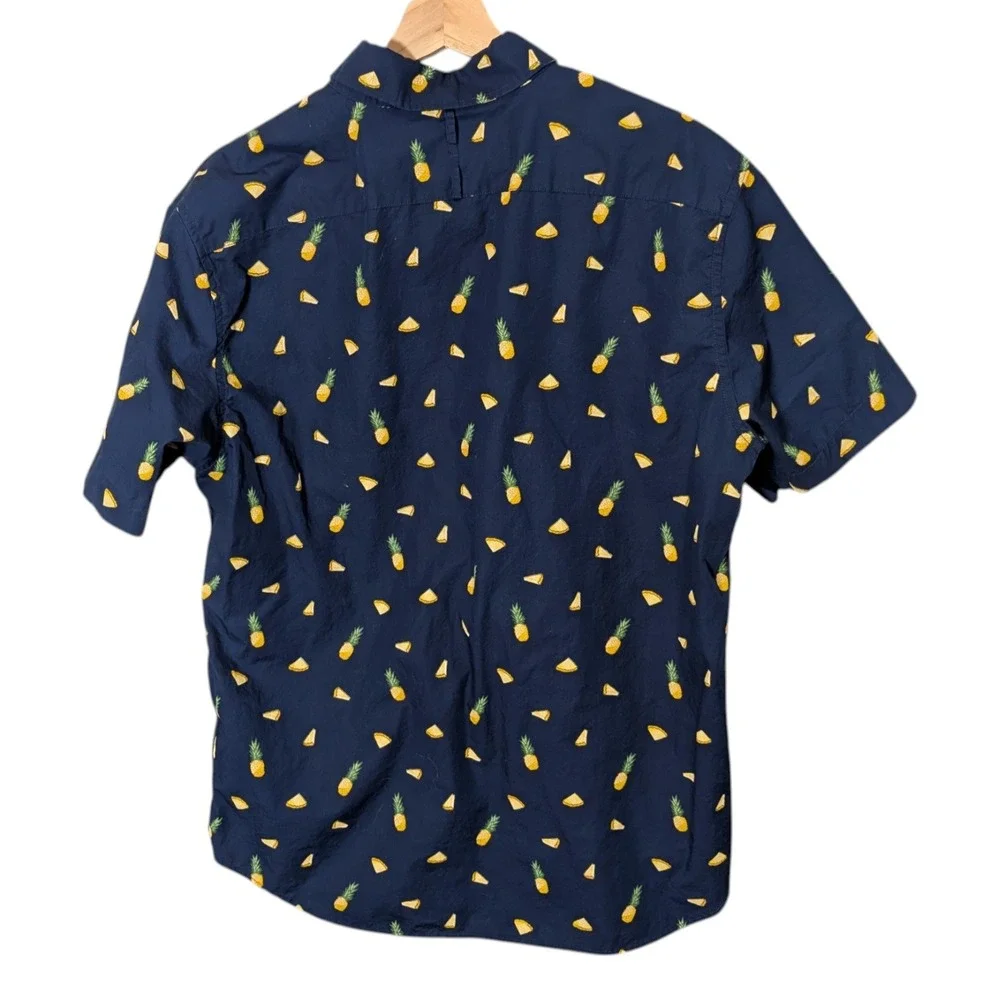 Banana Republic Mens Luxe Poplin Slim Fit Pineapple Print Shirt Navy Blue L